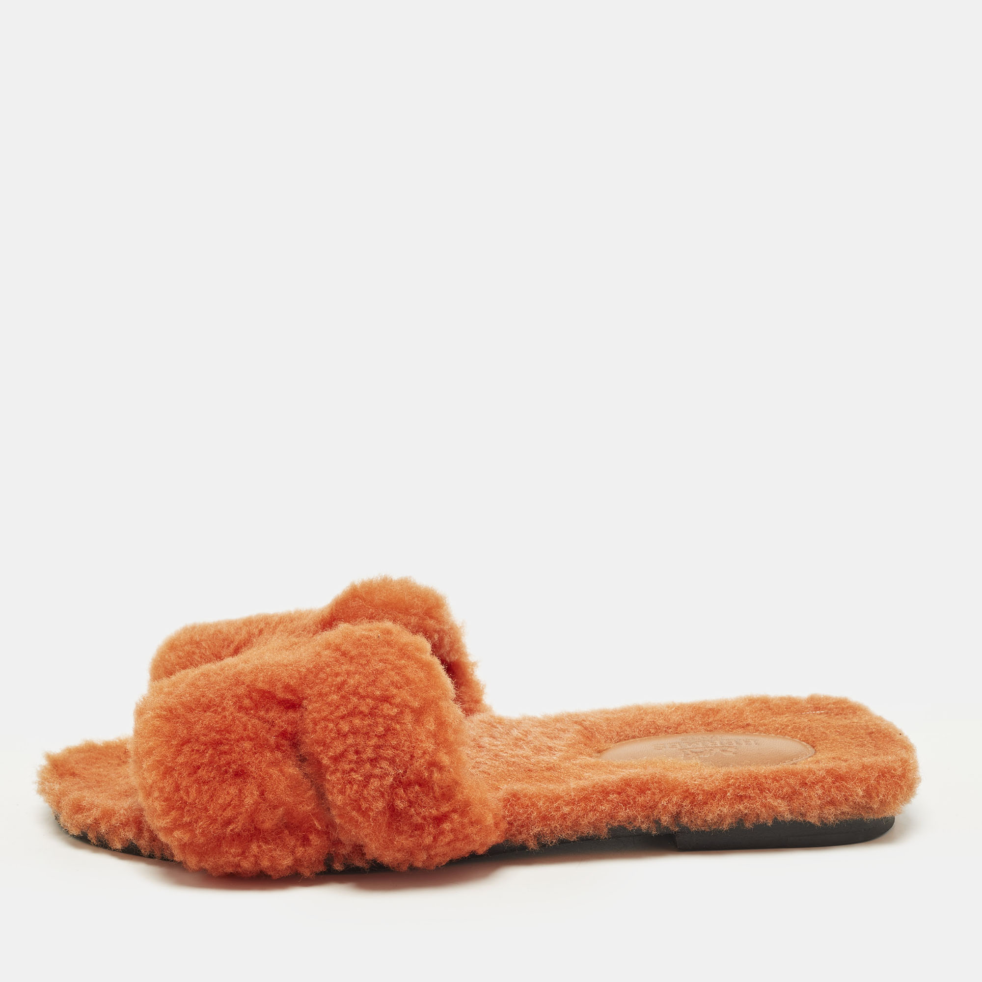 

Hermes Oran Size  Orange Shearling Fur Flat Slides