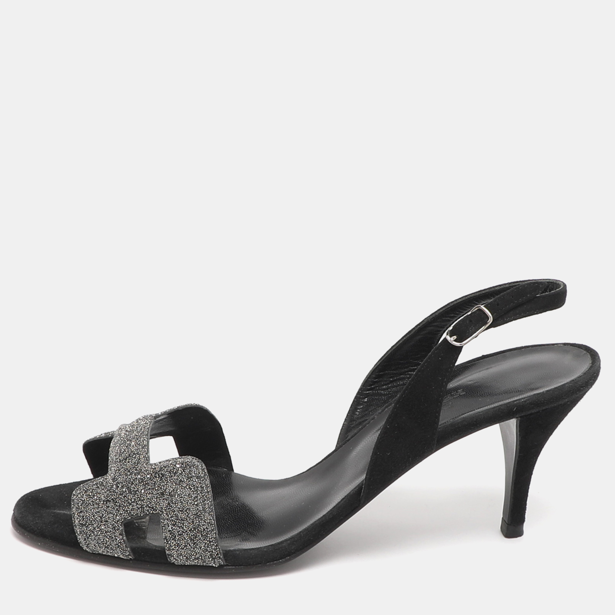 

Hermès Night Size  Black/Silver Glitter and Suede Slingback Sandals