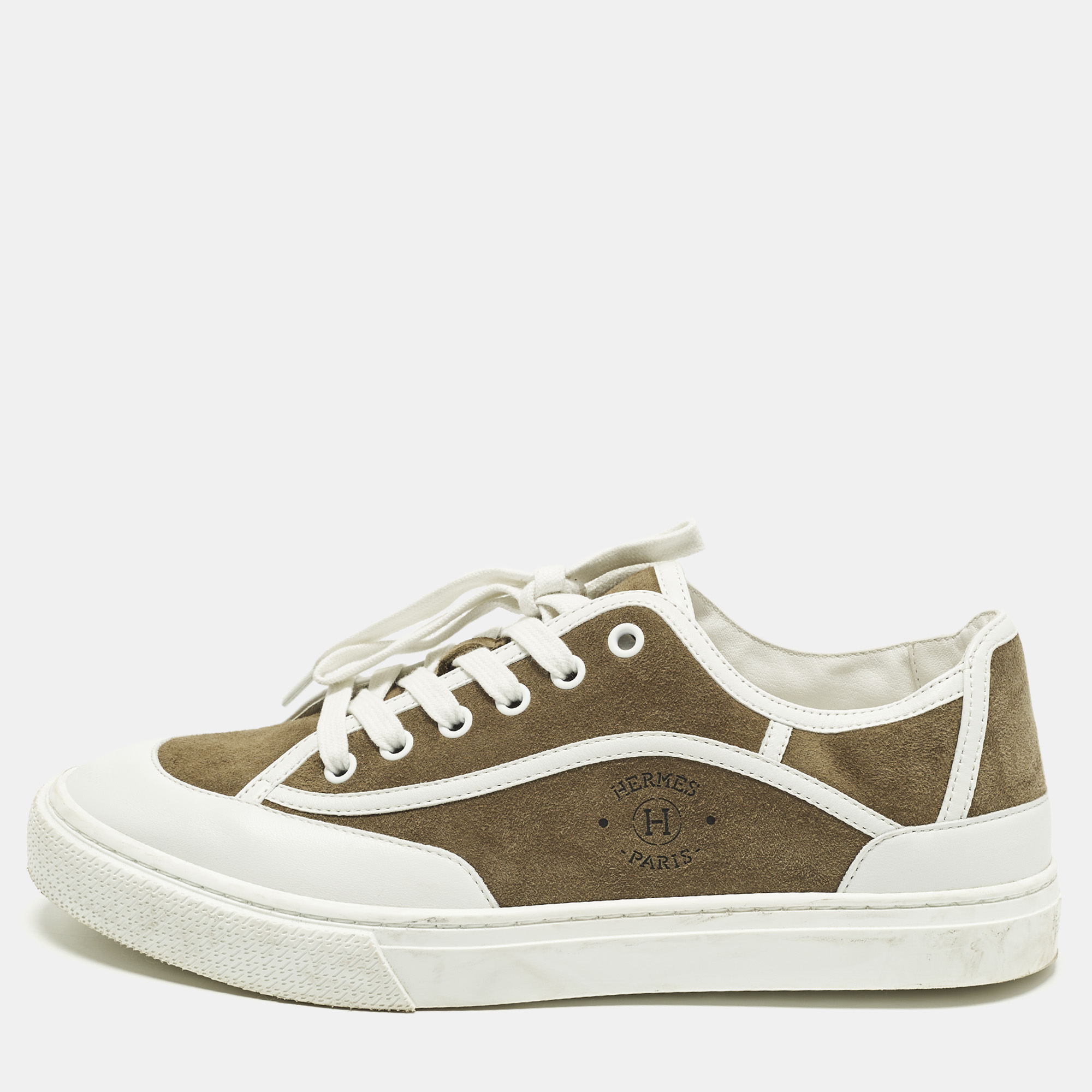 

Hermès Get Size  White/Green Leather and Suede Lace Up Sneakers