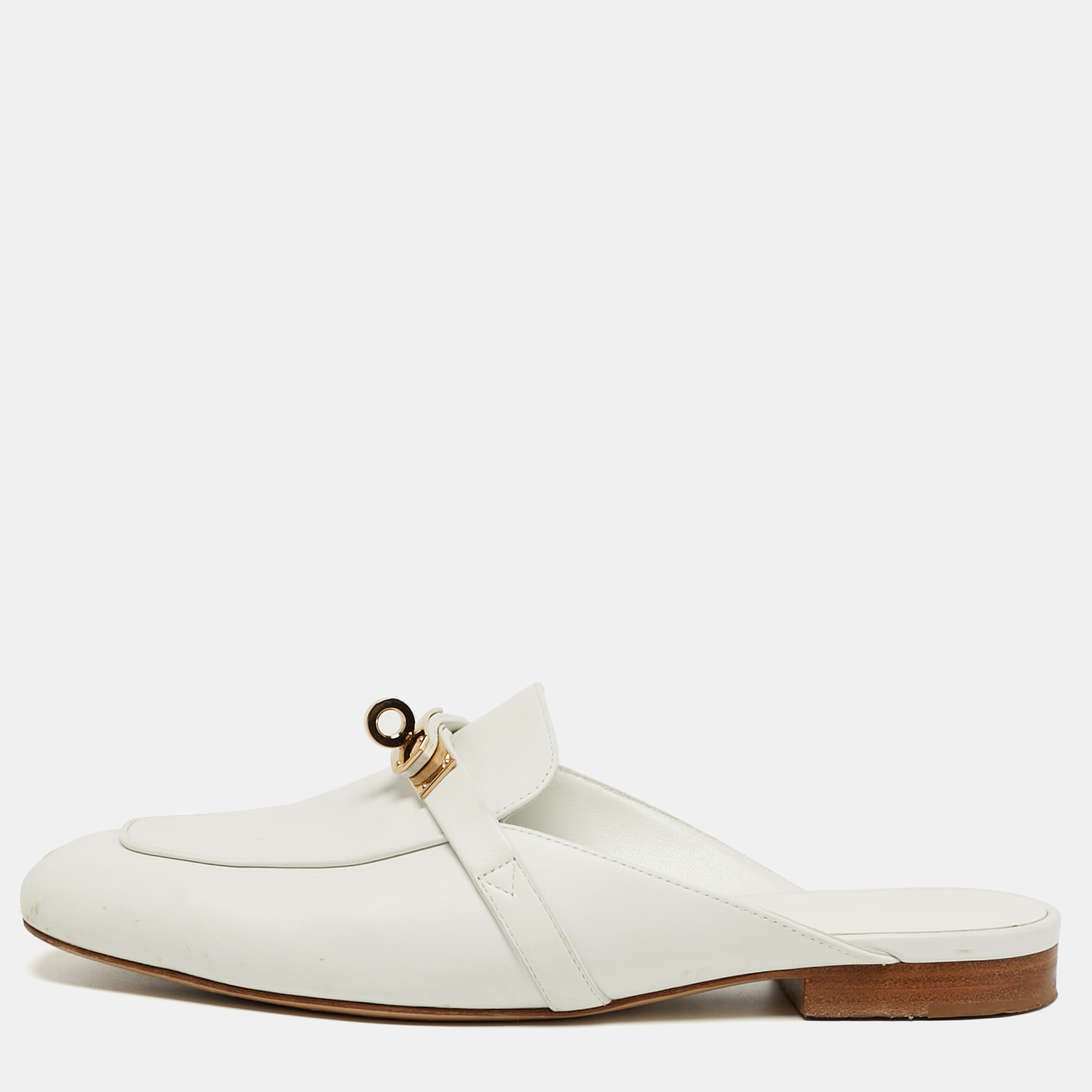 

Hermes Oz Size  White Leather Palladium Plated Mules
