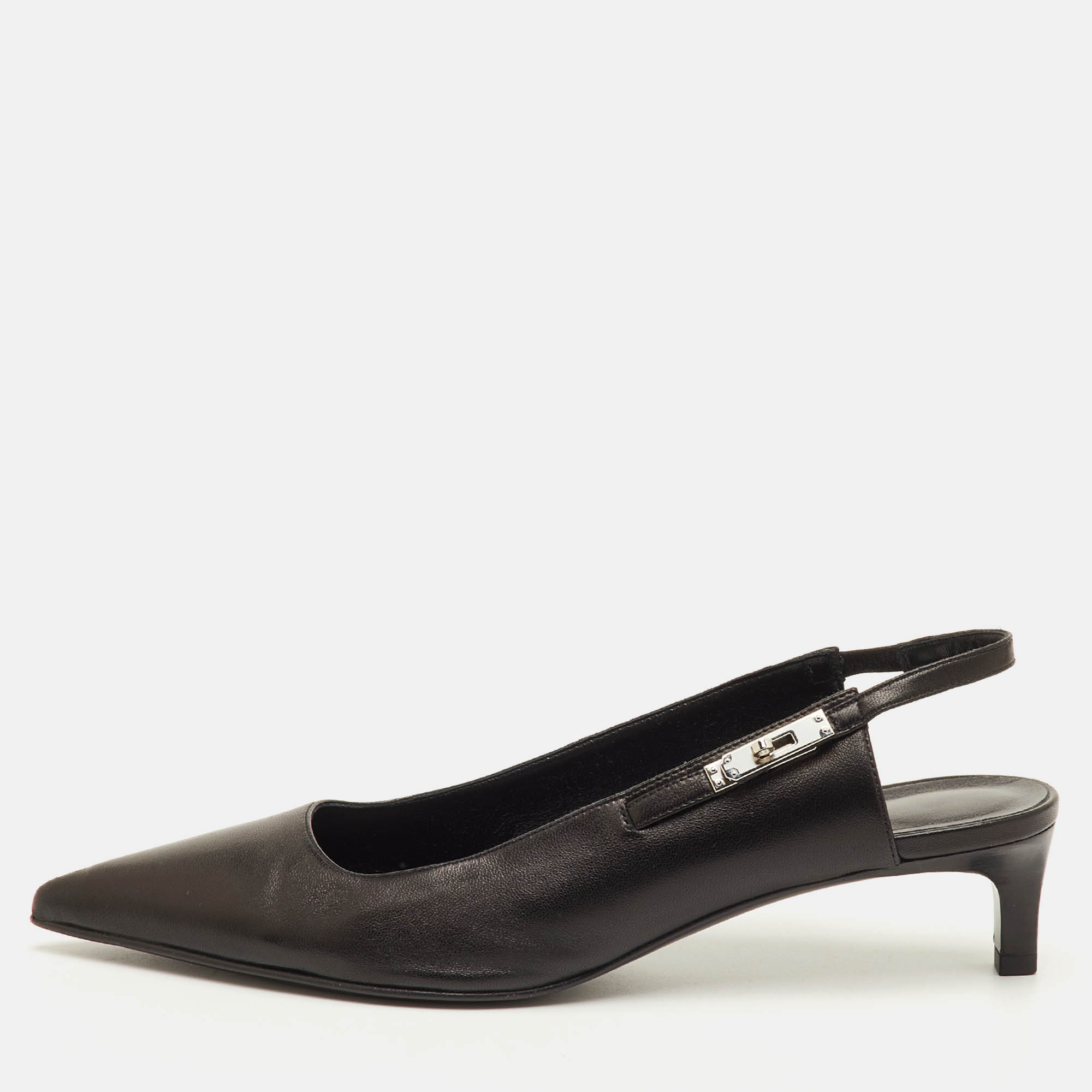 

Hermes Lover Size  Black Leather Pointed Toe Slingback Pumps
