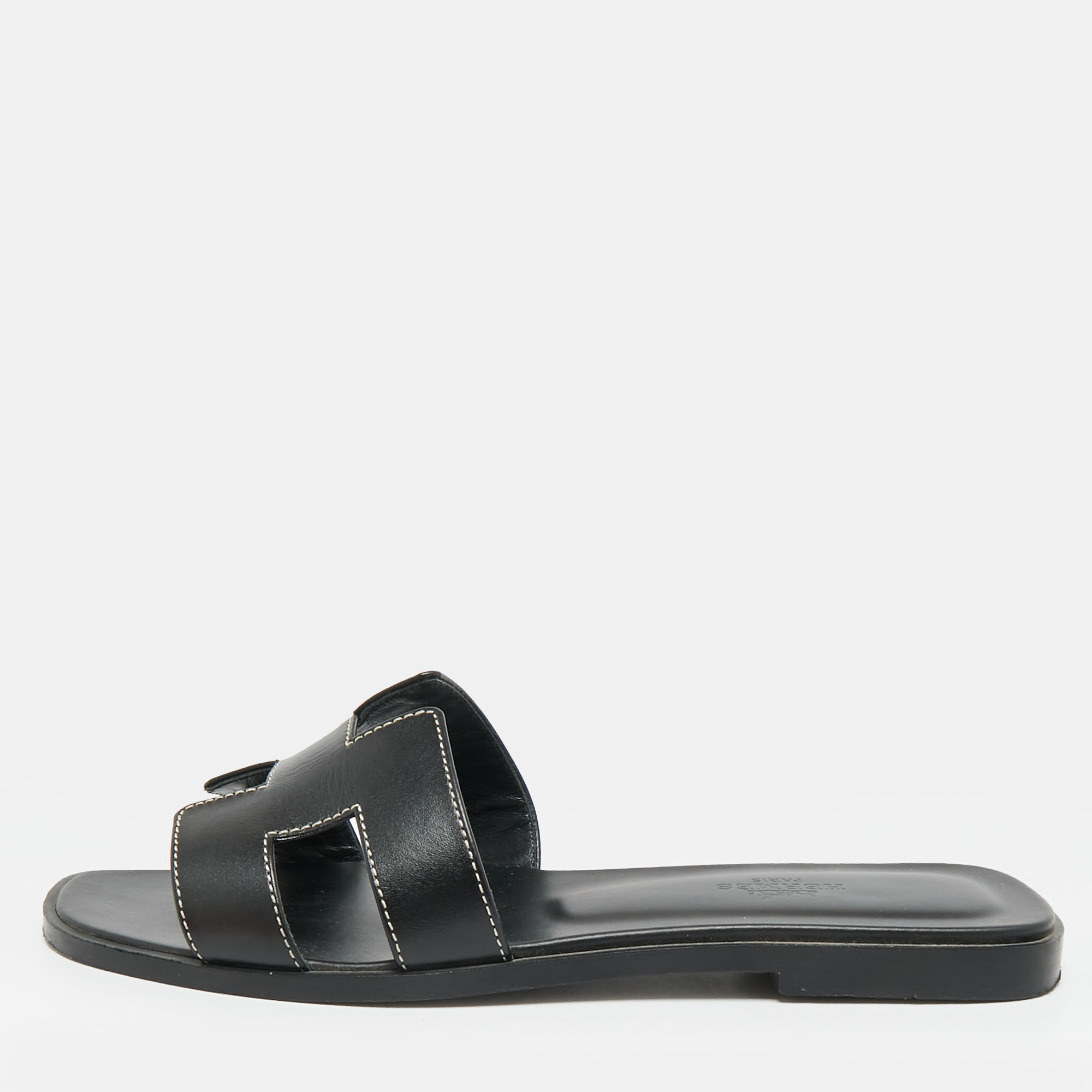 

Hermes Oran Size  Black Leather Flat Slides