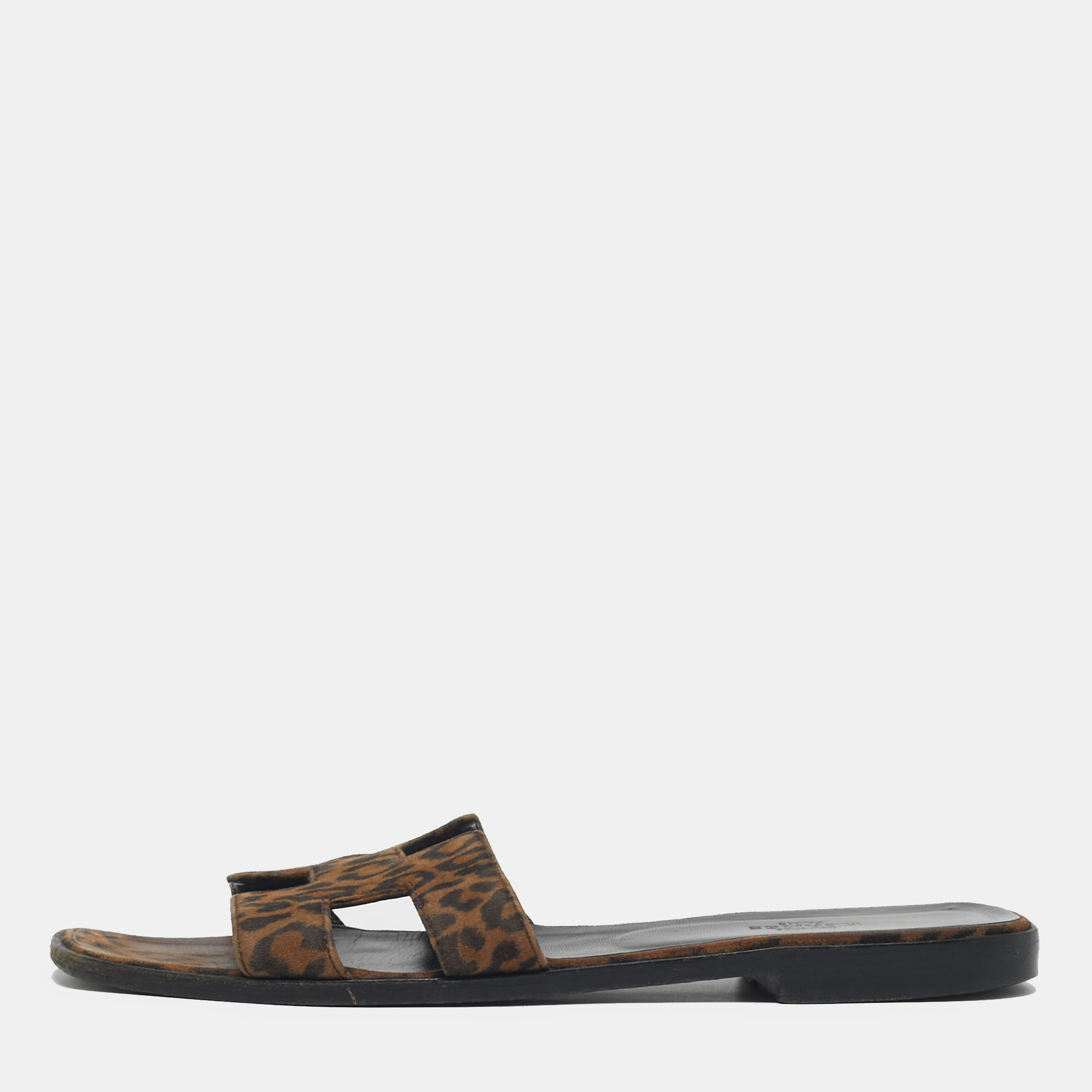 

Hermes Oran Size  Brown/Black Leopard Print Suede Flat Slide