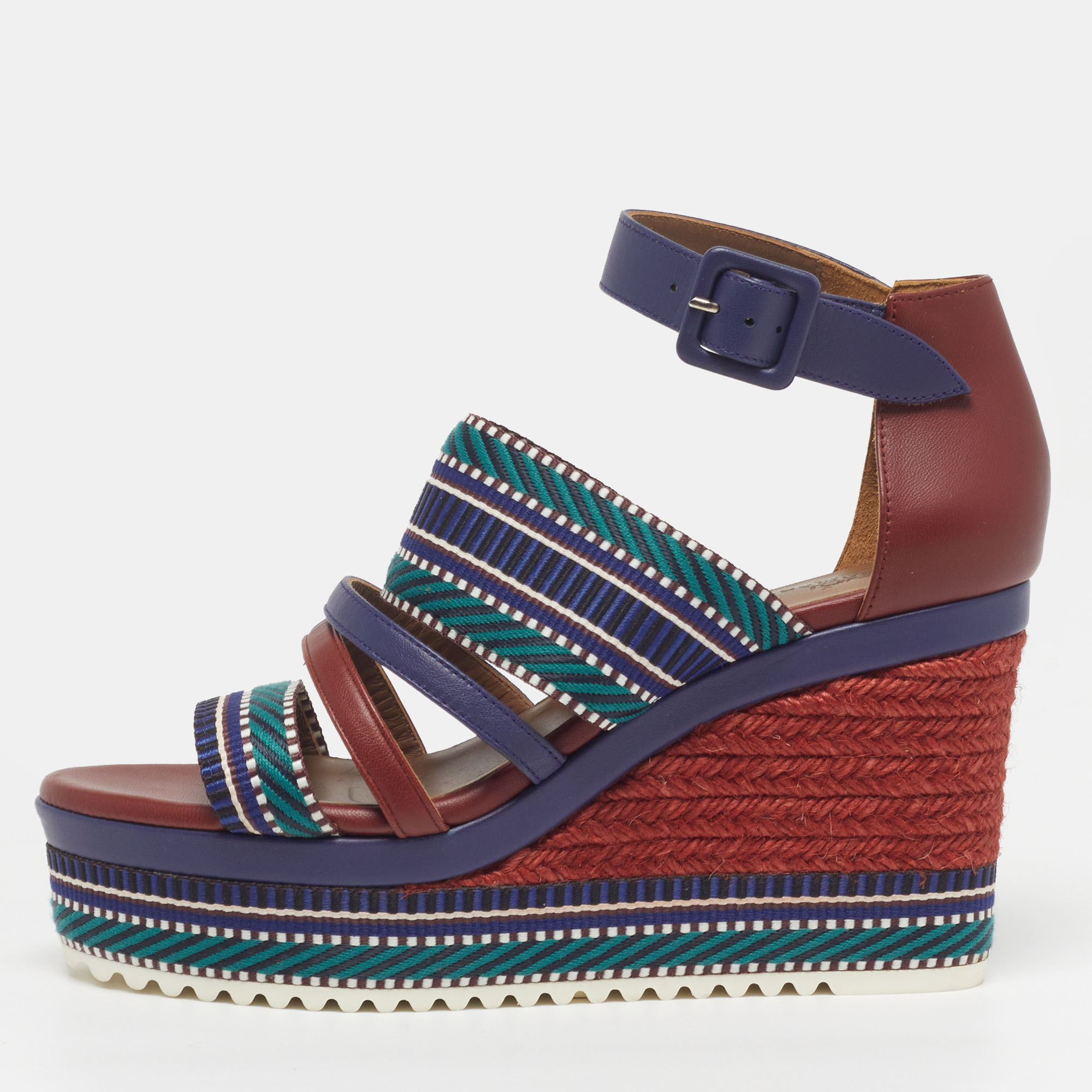 

Hermes Roma Size  Multicolor Leather and Web Tape Platform Wedge Ankle Strap Sandals