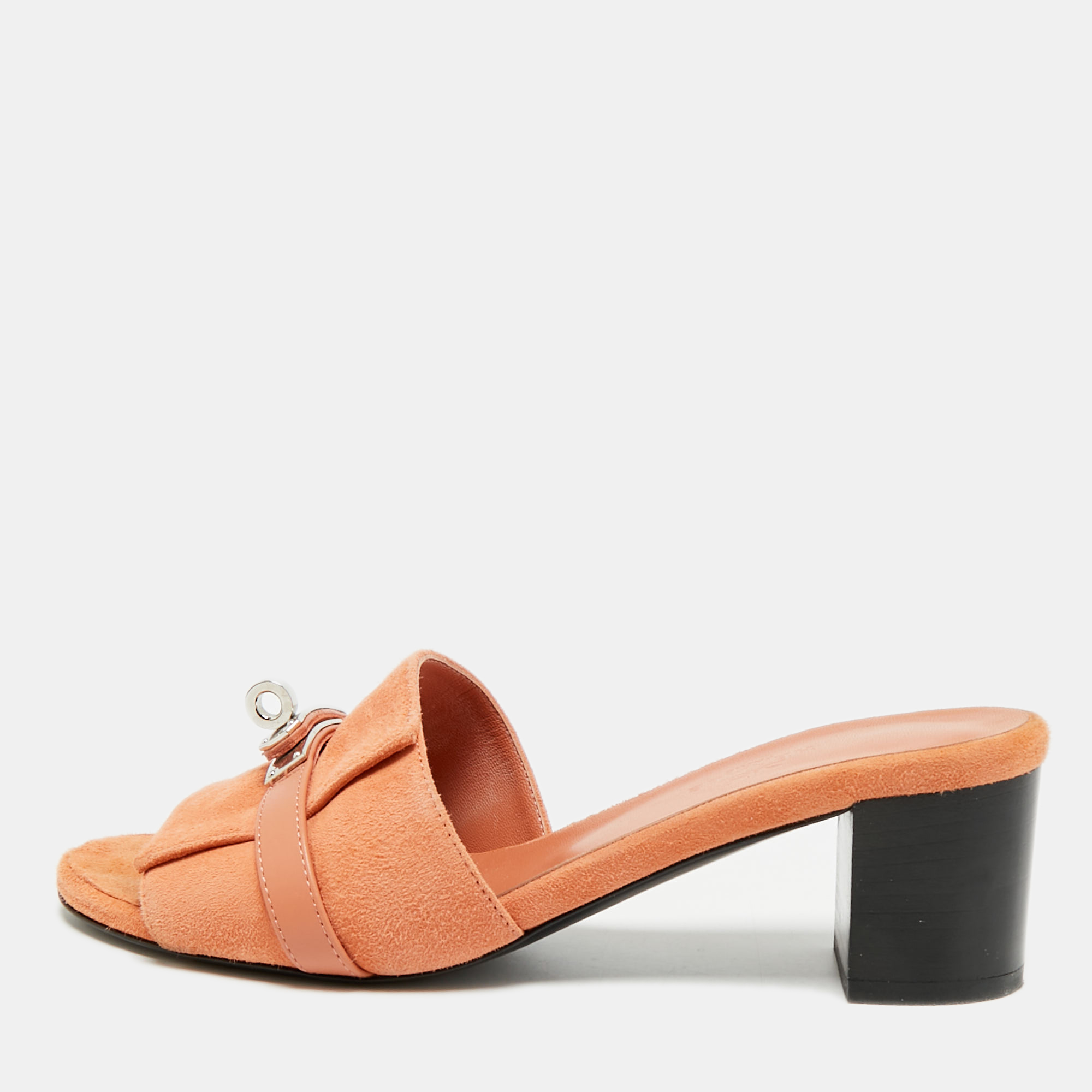 

Hermès Gigi Size  Brown Leather and Suede Block Heel Slide Sandals