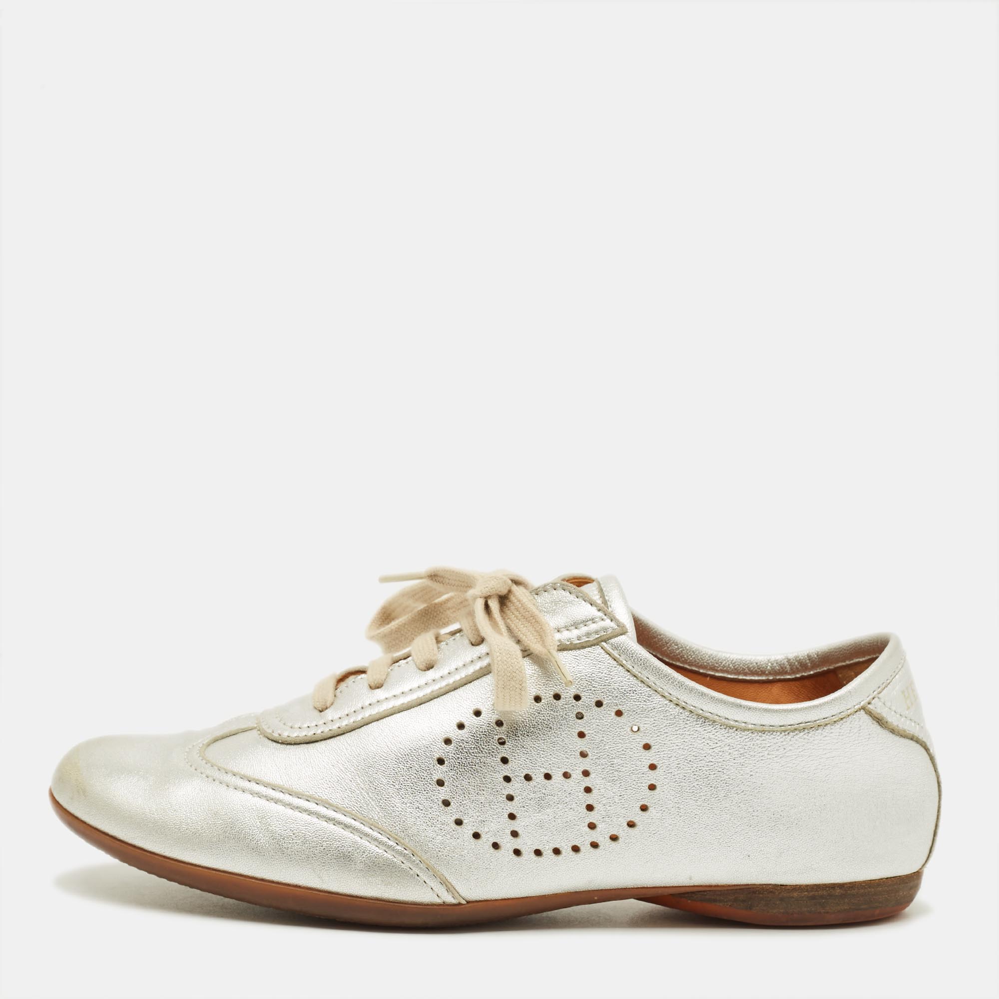 

Hermes Size  Silver Leather Pewter Perforated H Lace Up Sneakers