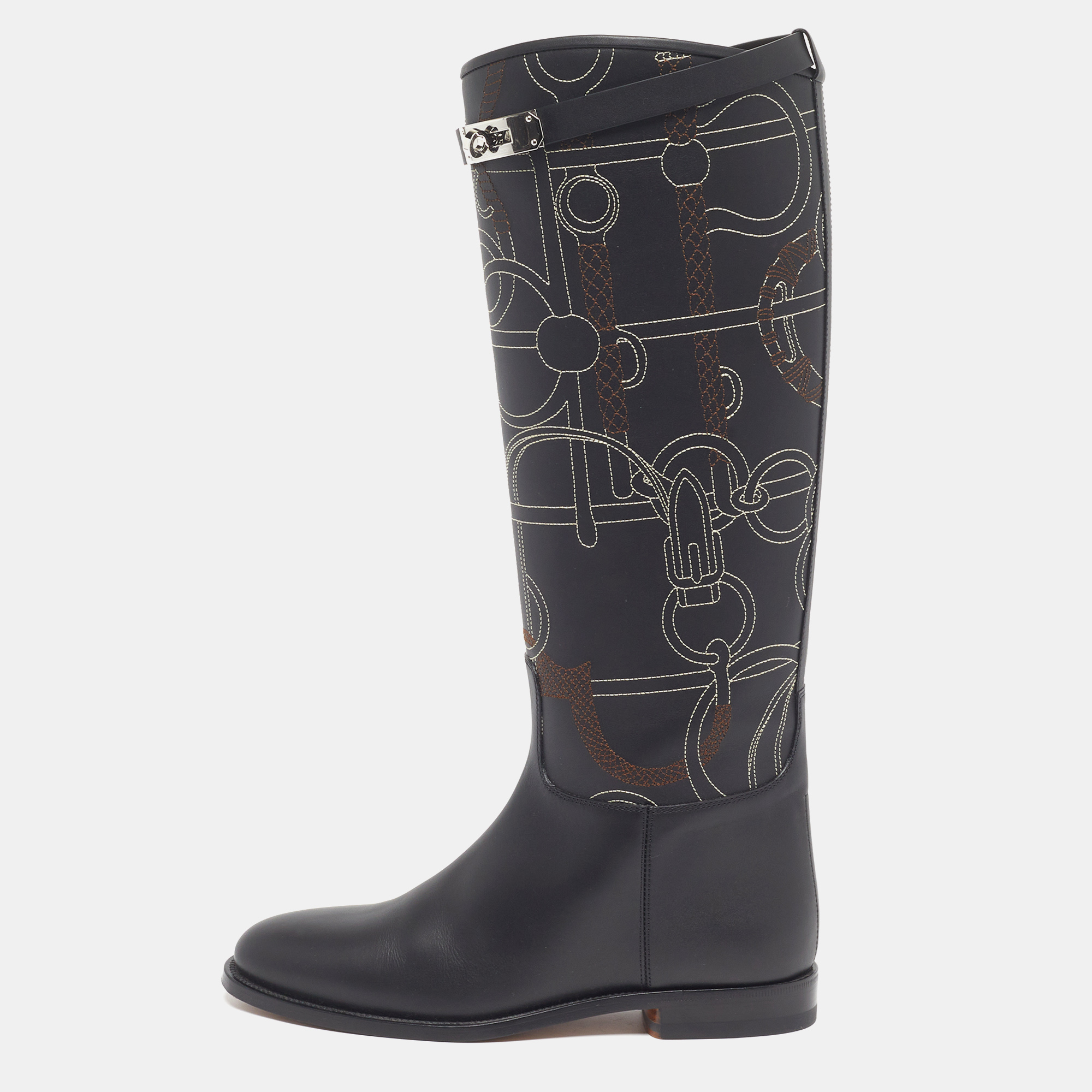 

Hermes Jumping Size  Black Panoplie Equestre Embroidered Leather Knee Length Boots