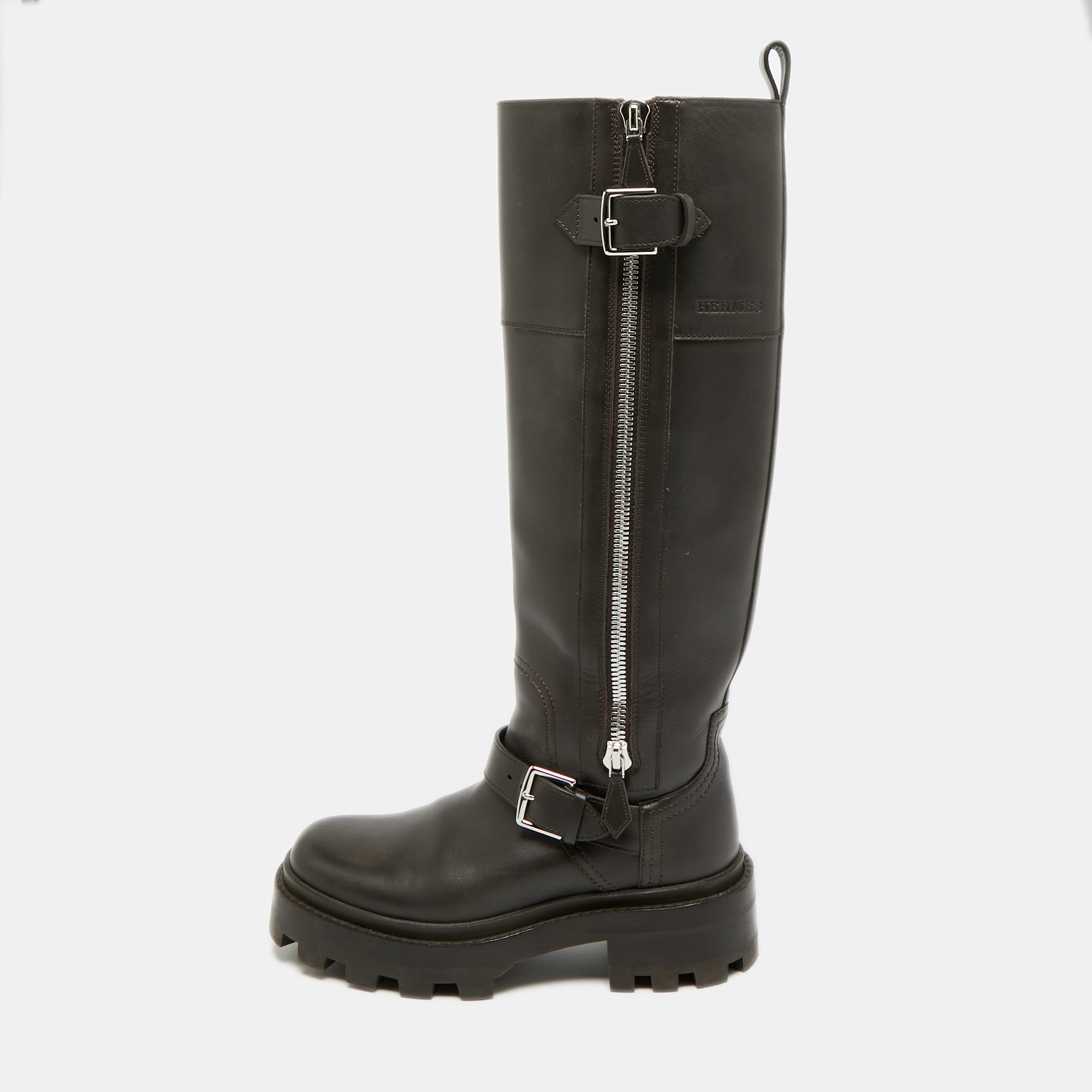 

Hermes Jaime Size  Brown Leather Knee Length Biker Boots