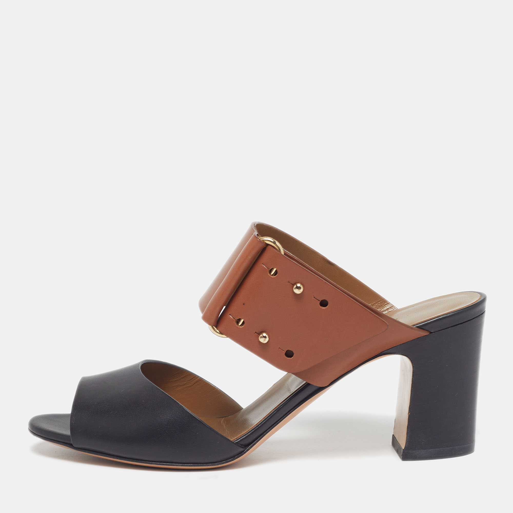 

Hermes Size  Brown/Black Leather Slide Sandals