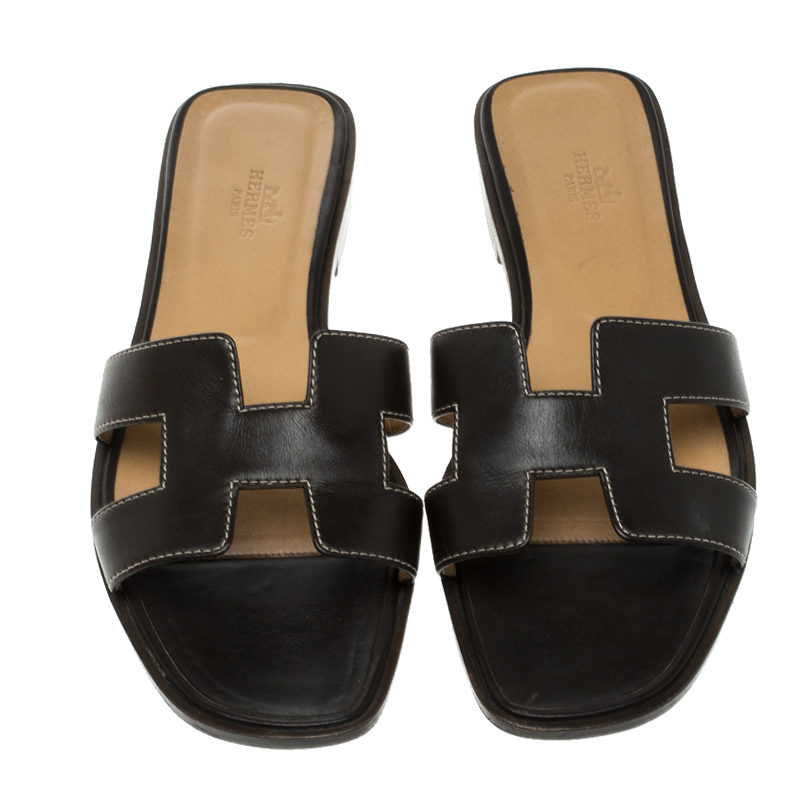 Hermes Brown Leather Oran Flat Sandals Size 38 Hermes | TLC