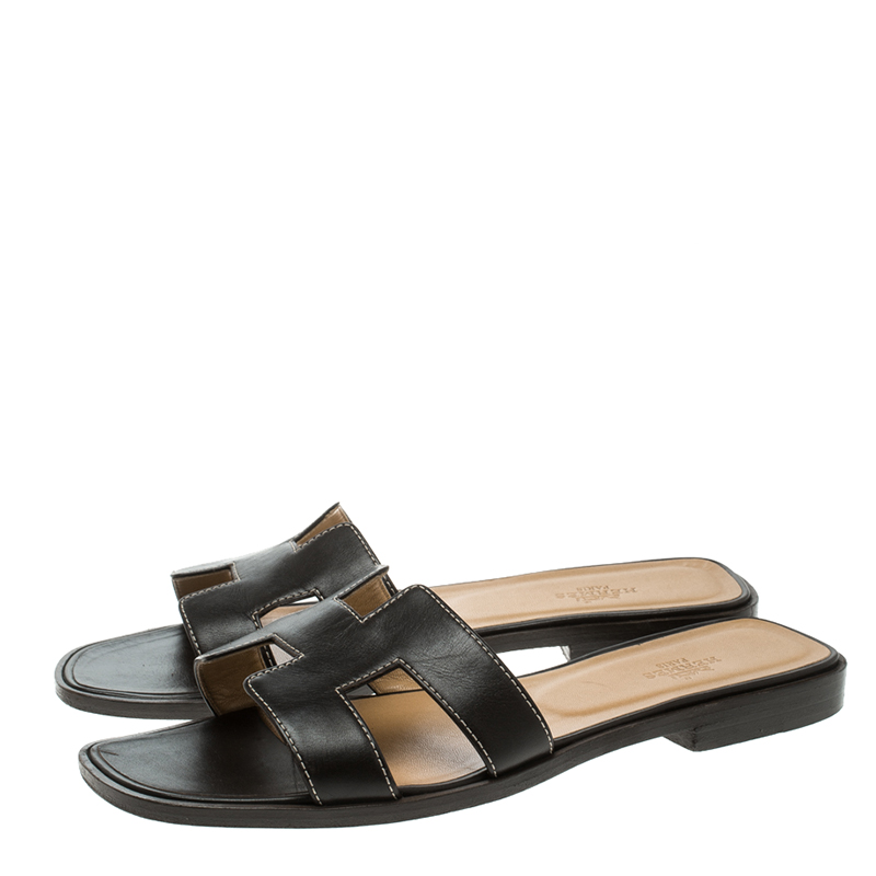 Hermes Brown Leather Oran Flat Sandals Size 38 Hermes | TLC