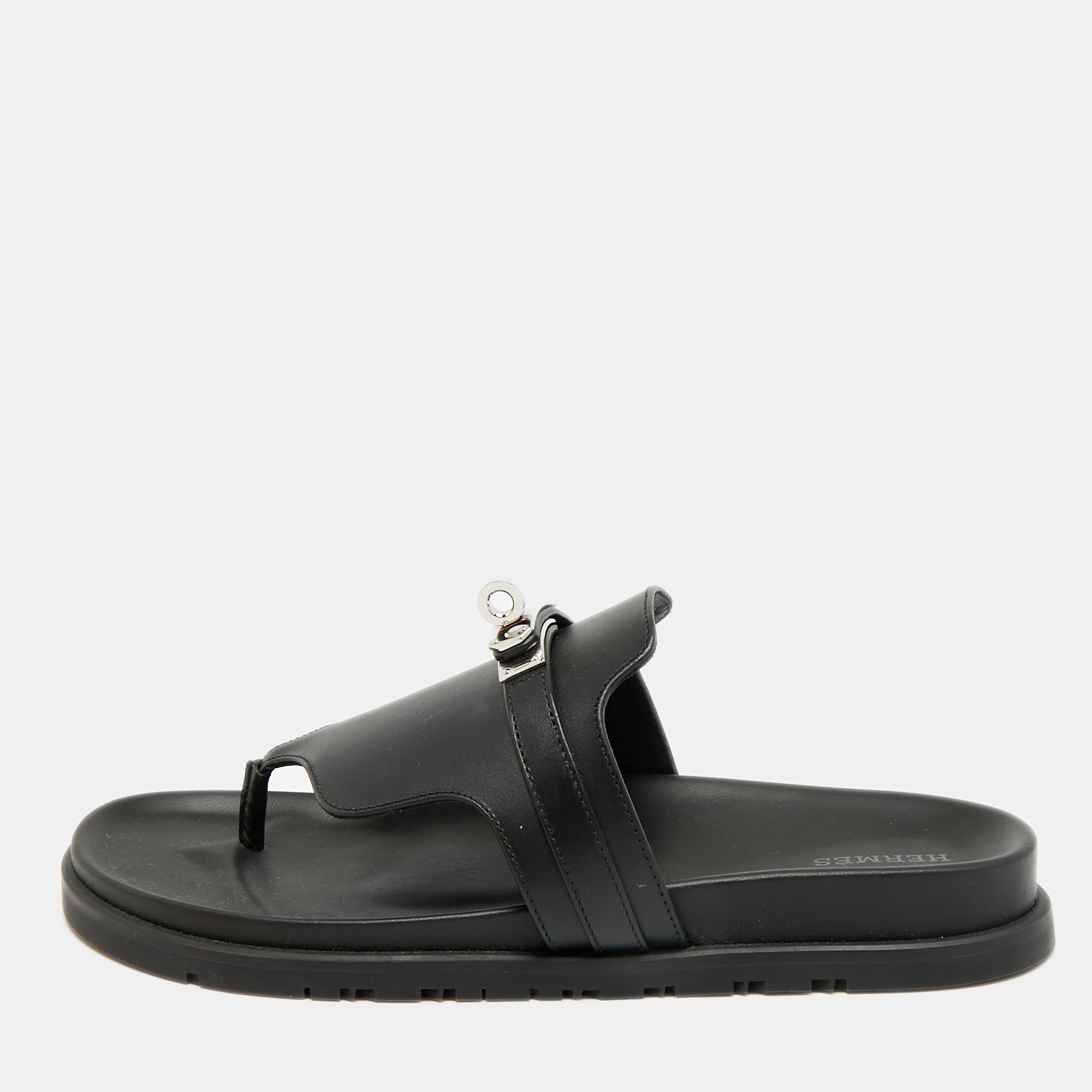 

Hermes Empire Size  Black Leather Thong Sandals