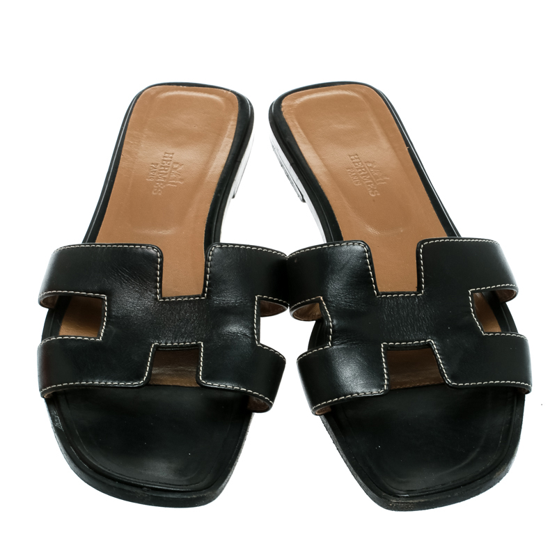 Hermes Black Leather Oran Flat Sandals Size 39.5 Hermes | TLC
