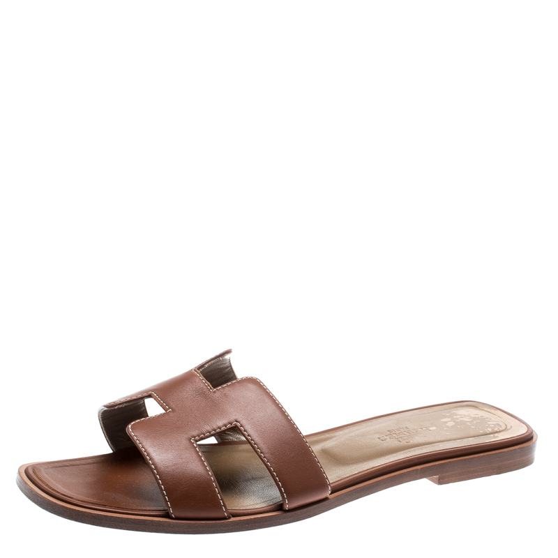 Hermes Brown Leather Oran Sandals Size 39
