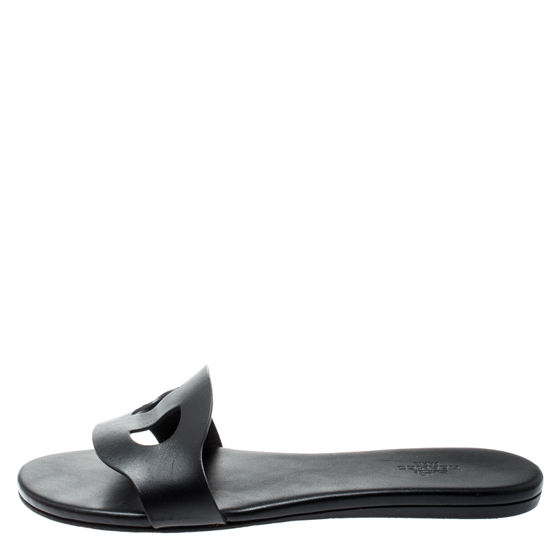 

Hermes Black Leather Lisboa Flat Slides Size