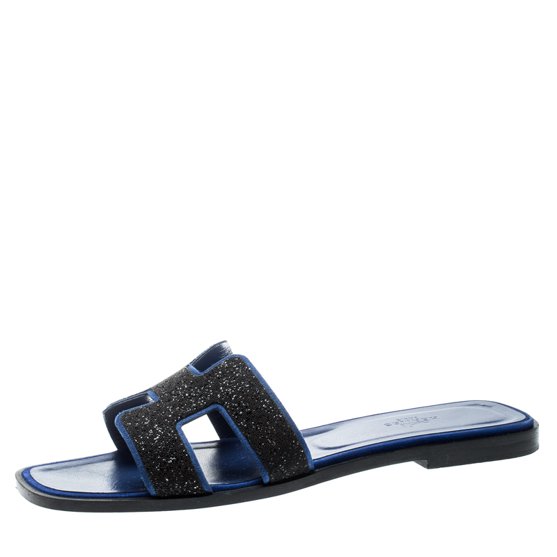 Hermes Blue/Black Crystal Embellished Suede Oran Sandals Size 39 Hermes ...