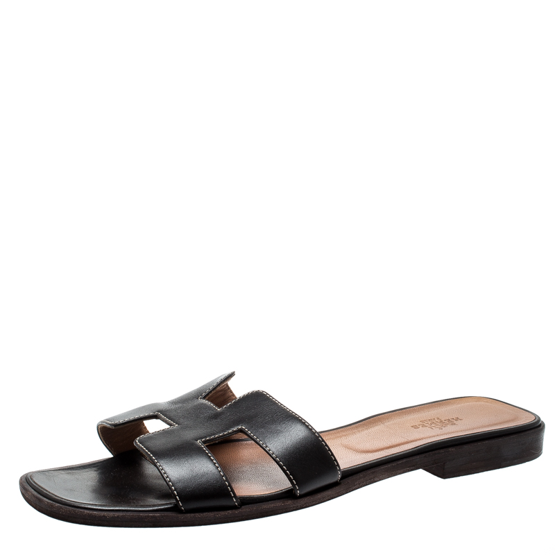 Hermes Dark Brown Leather Oran Flat Sandals Size 40