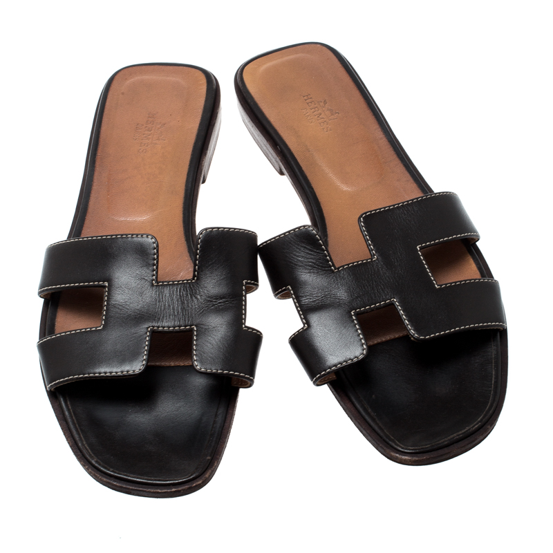 Hermes Dark Brown Leather Oran Flat Sandals Size 40 Hermes | TLC