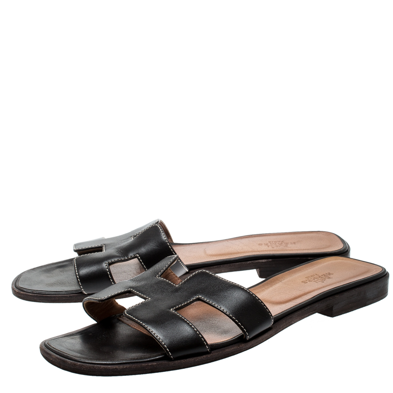 Hermes Dark Brown Leather Oran Flat Sandals Size 40 Hermes | TLC