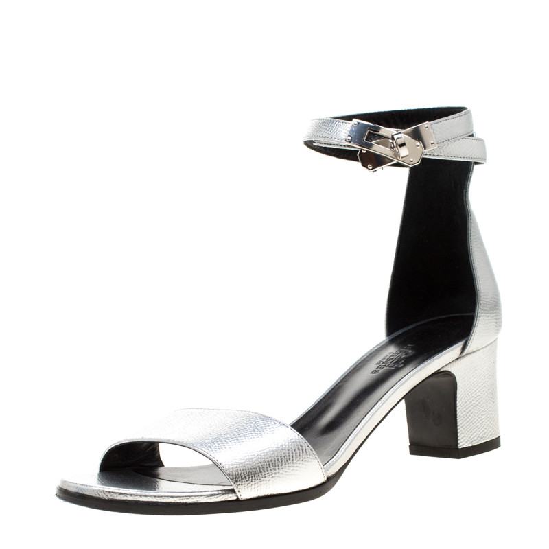 Hermes Metallic Silver Leather Manege Ankle Strap Sandals Size 38.5