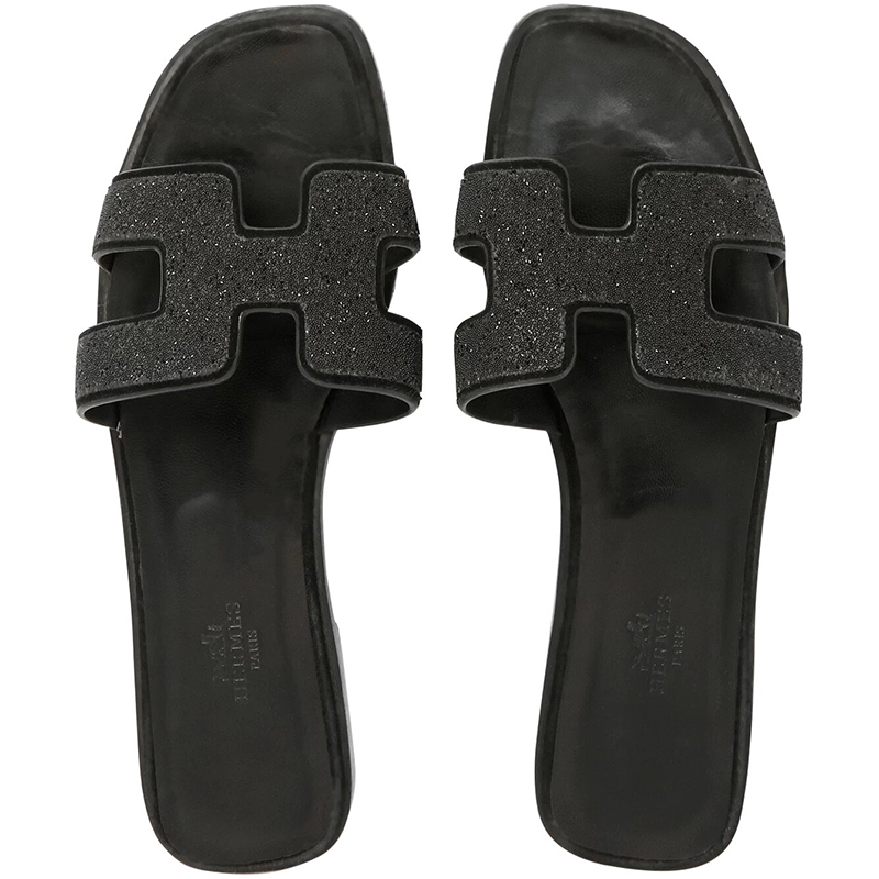 

Hermes Black Crystal Embellished Leather Oran Sandals Size
