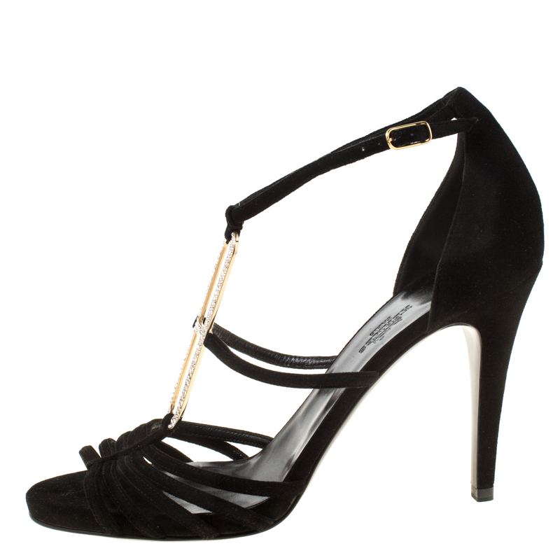 

Hermes Black Crystal Embellished Suede T Strap Open Toe Sandals Size