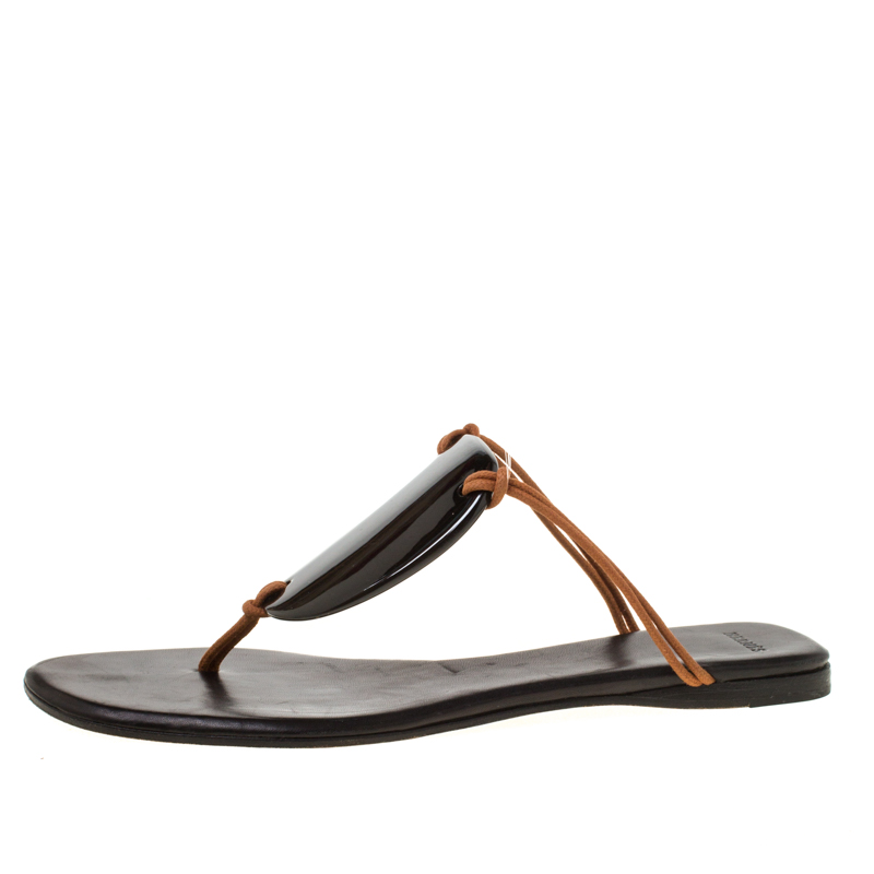 

Hermes Black/Brown Medallion Cord Thong Slides Size