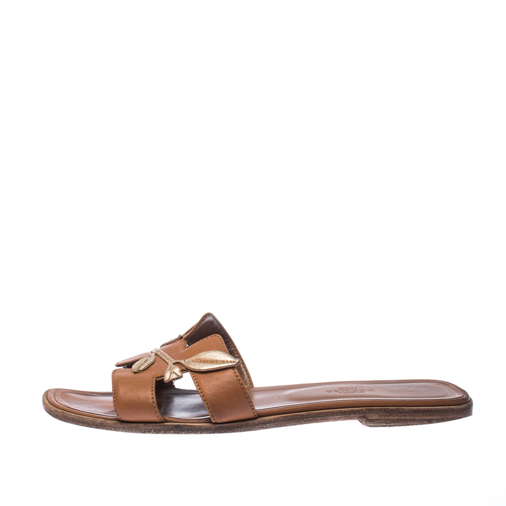 

Hermès Brown Leather Gold Leaves Oran Flat Slides Size