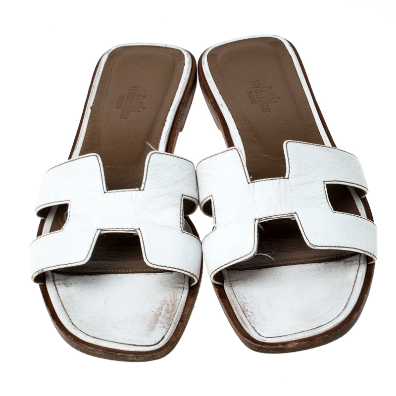 Hermes White Leather Oran Slide Sandals Size 37.5 Hermes | TLC