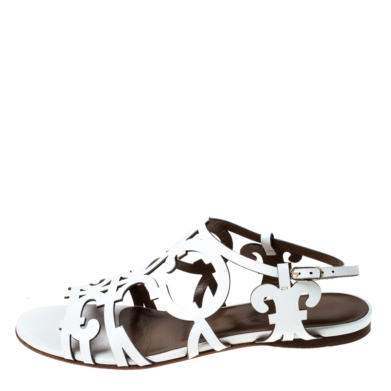 

Hermes White Leather Karlotta Cut Out Flat Sandals Size