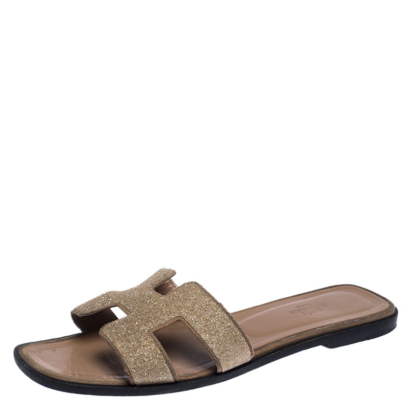 Hermes Beige Crystal Suede Oran Flat Slides Size 39