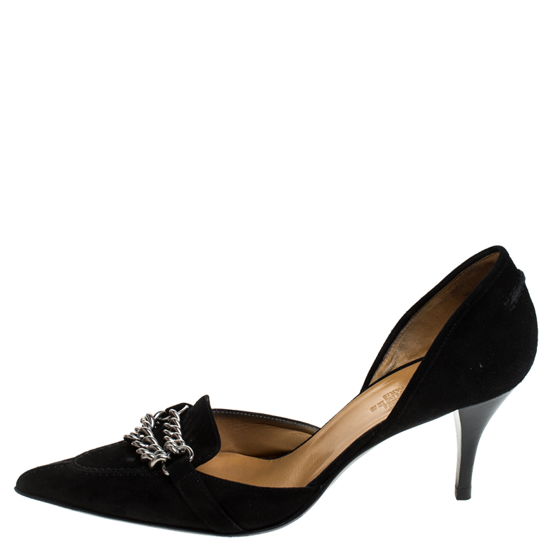

Hermes Black Suede Metal Chain Detail D'orsay Pumps Size
