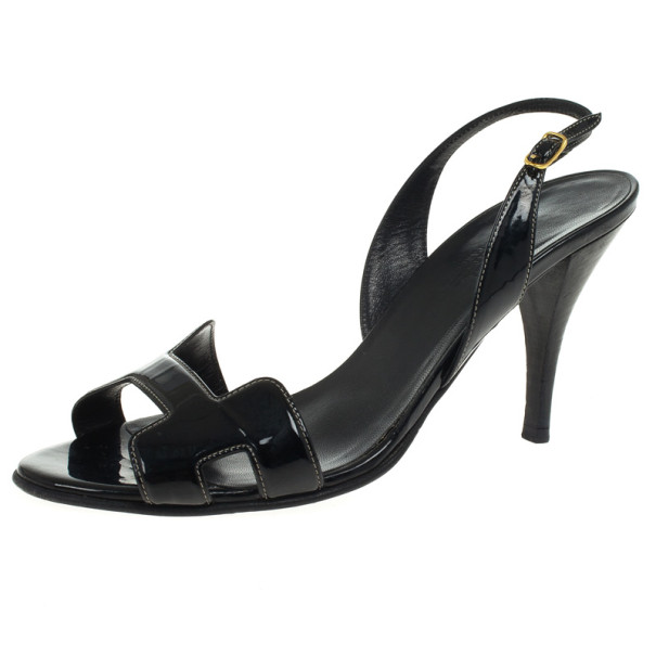 Hermes Black Patent Night Slingback Sandals Size 39
