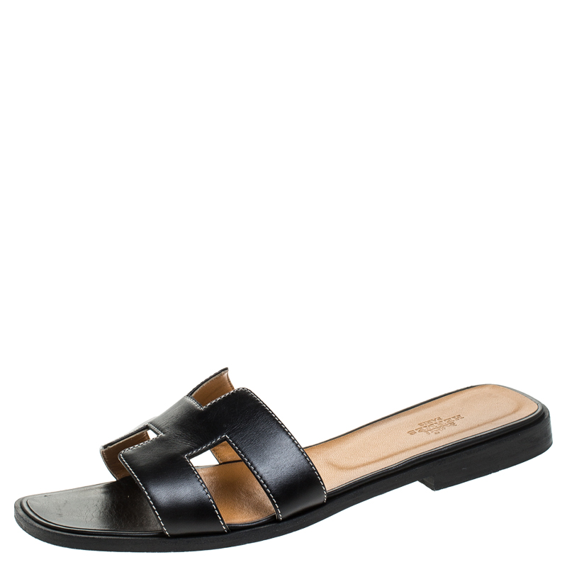Hermes Black Leather Oran Flat Slides Size 39