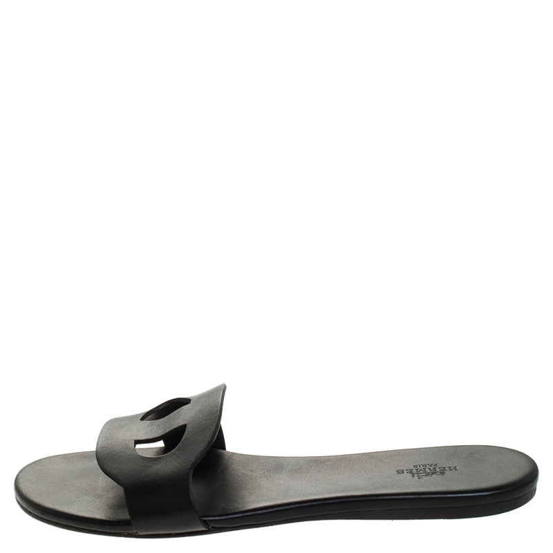 

Hermes Black Leather Lisboa Flat Slides Size