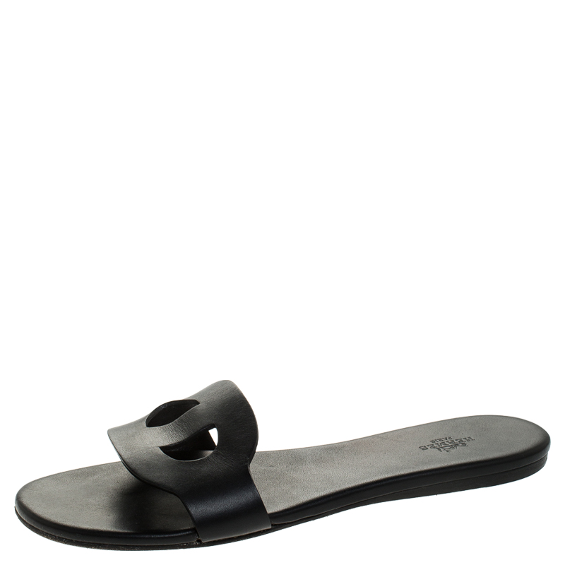 Hermes Black Leather Lisboa Flat Slides Size 39