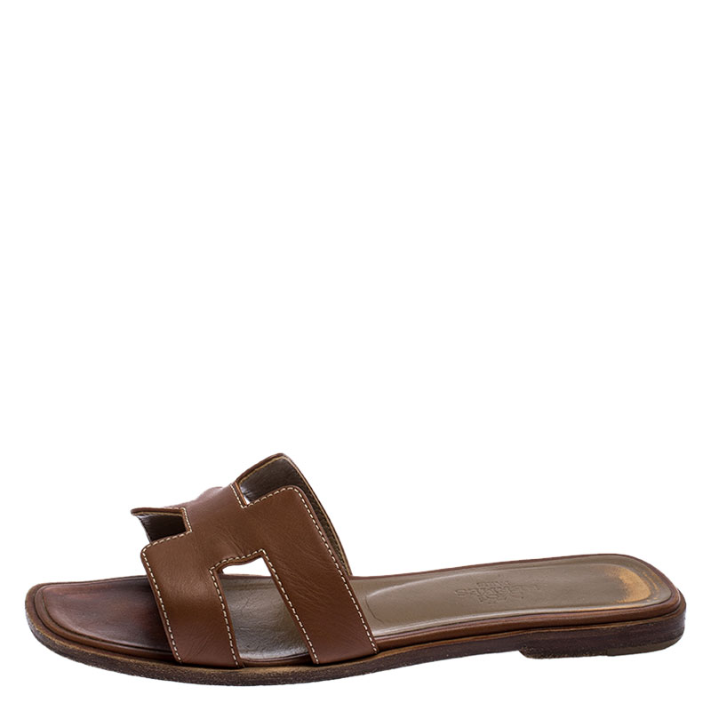 

Hermes Brown Leather Oran Slide Sandals Size