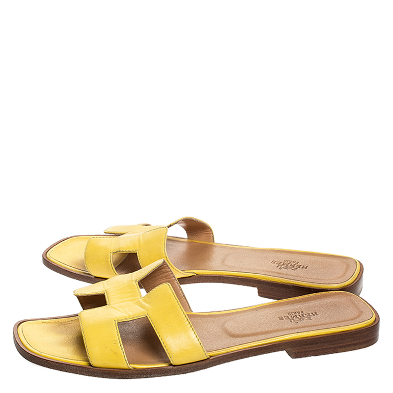 Hermes Yellow Leather Oran Slip On Slides Size 39 Hermes | TLC