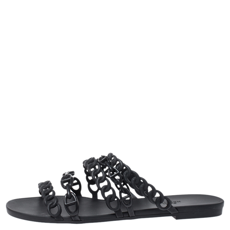 

Hermes Black Rubber Chain Stappy Flats Size