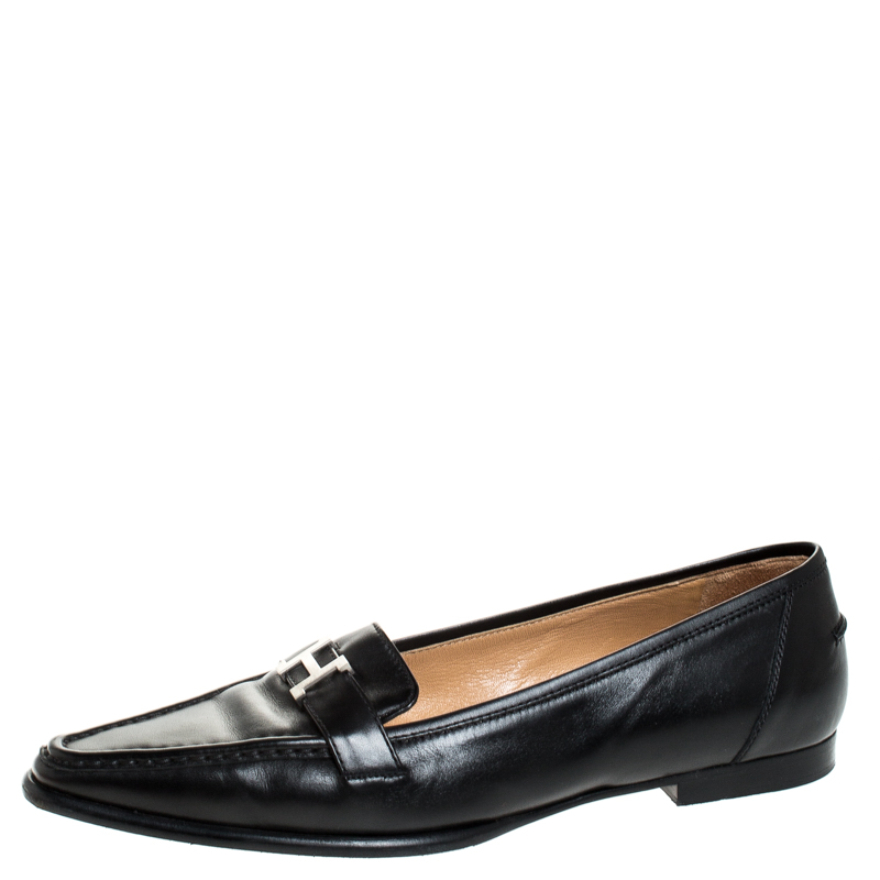Pre Owned Hermes Black Leather Silver H Logo Loafers Size 39.5