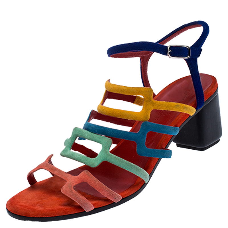 Hermes Multicolor Suede Oracle Block Heel Ankle Strap Sandals Size 38