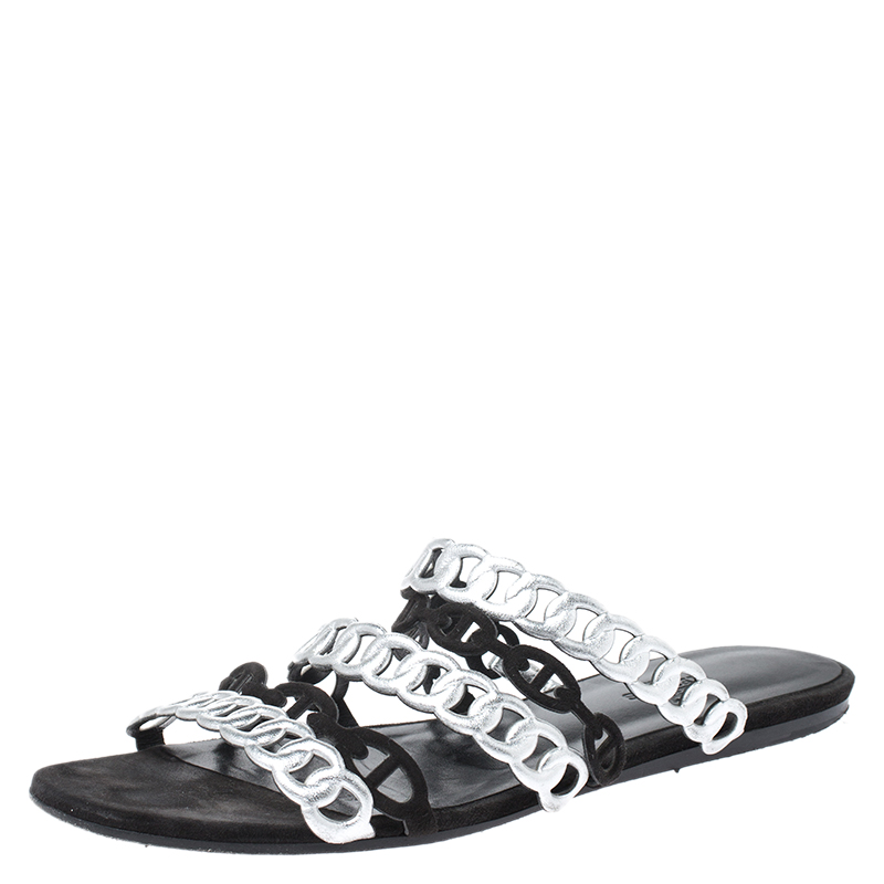 Hermes Metallic Silver Leather And Black Suede Chaine D'ancre Flat Sandals Size 37