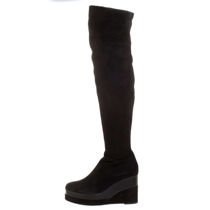 

Hermes Black Suede And Leather Platform Wedge Over The Knee Boots Size