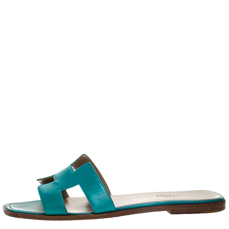 

Hermes Turquoise Leather Oran Slide Sandals Size, Blue