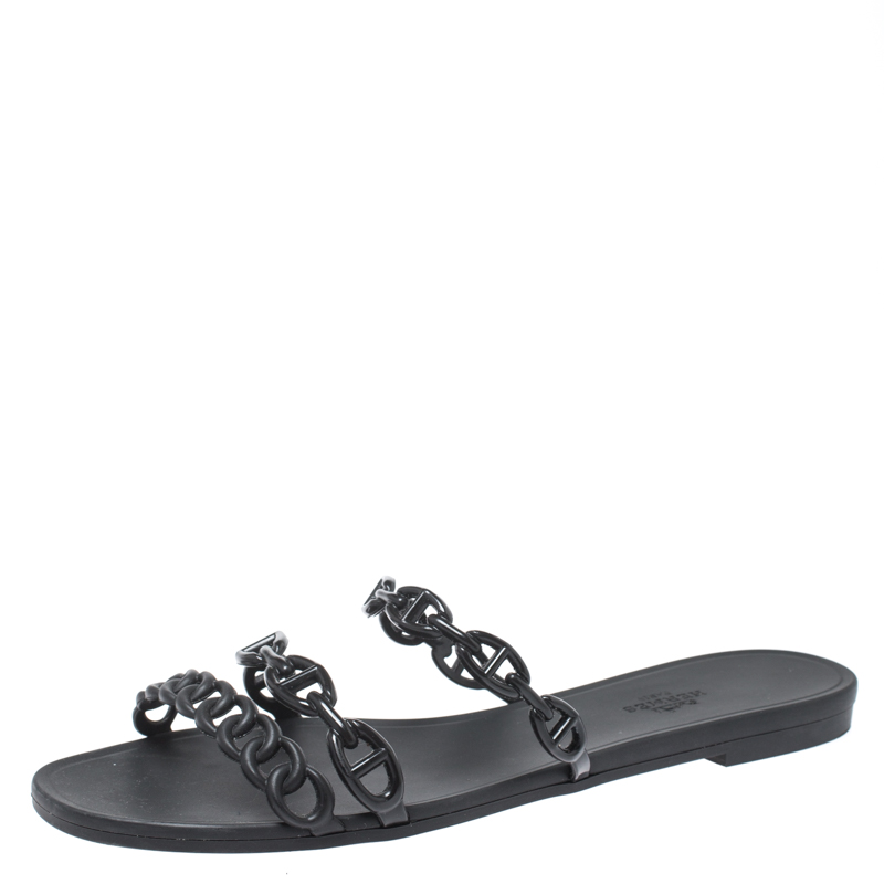 Hermes Black Rubber D'ancre Chaine Rivage Flats Size 40