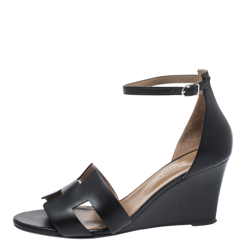 

Hermes Black Leather Legend Wedge Ankle Strap Sandals Size