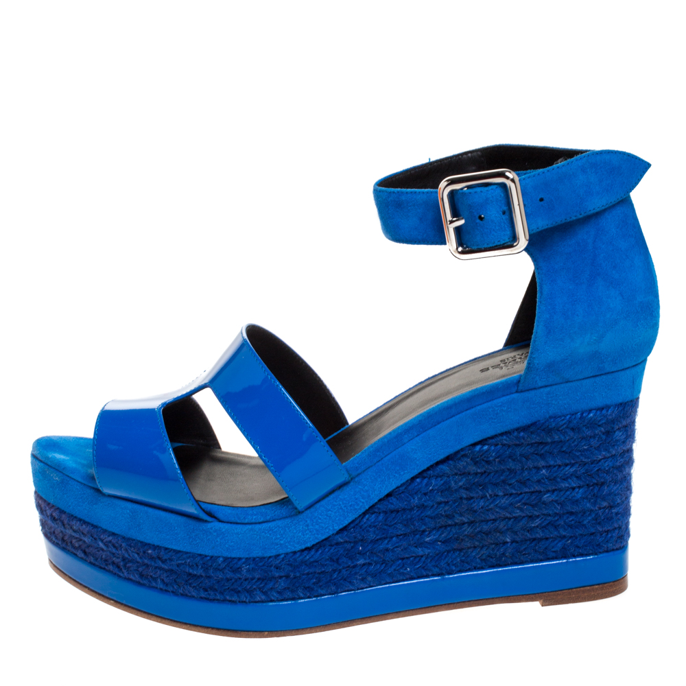 

Hermes Blue Patent Leather and Suede Ilana Espadrille Wedge Sandals Size