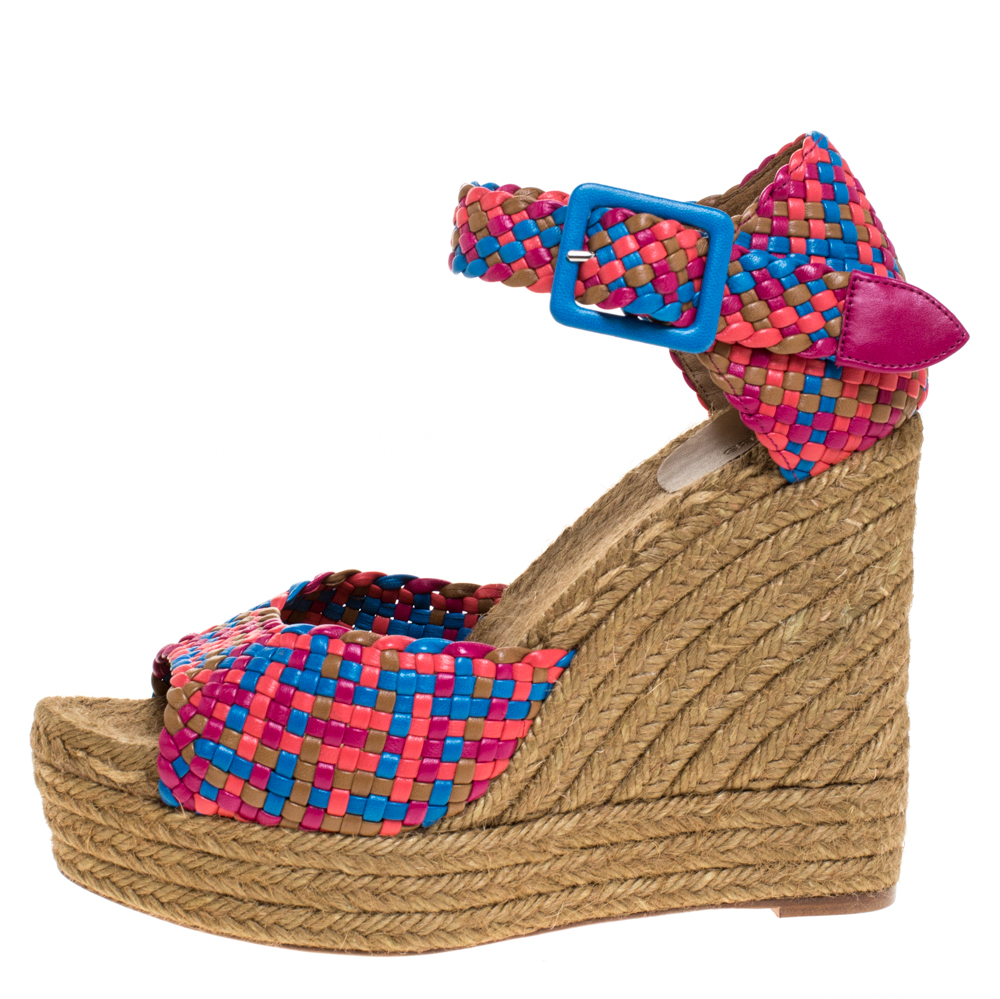 

Hermes Multicolor Woven Leather Espadrille Wedge Ankle Strap Sandals Size