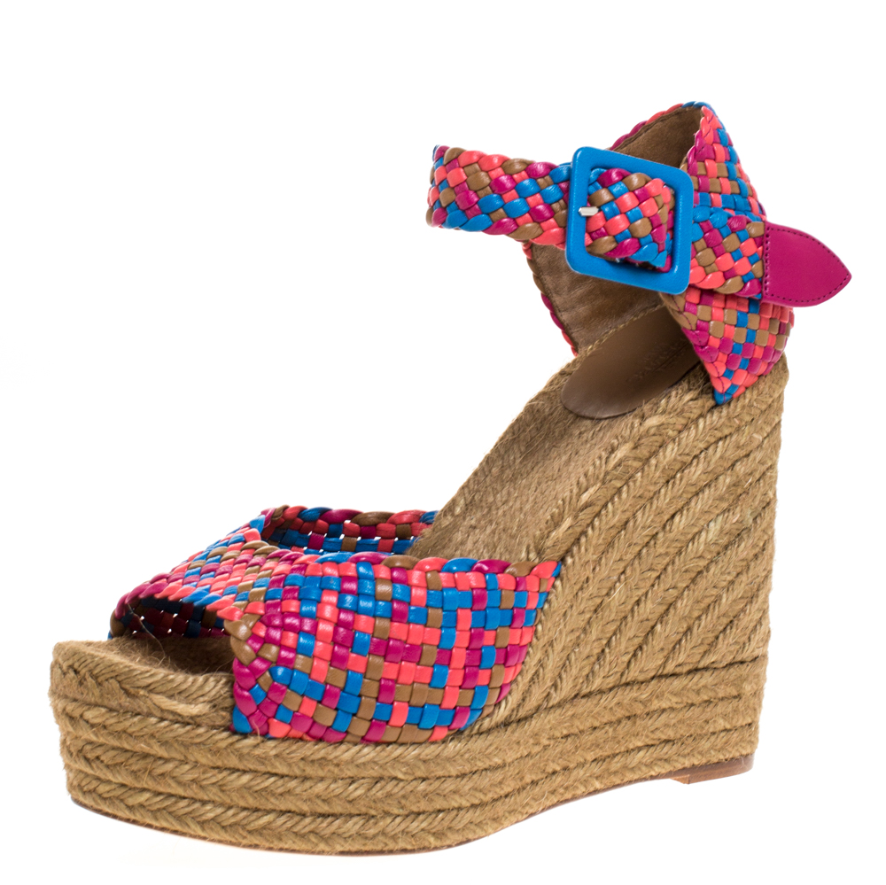 Hermes Multicolor Woven Leather Espadrille Wedge Ankle Strap Sandals Size 40