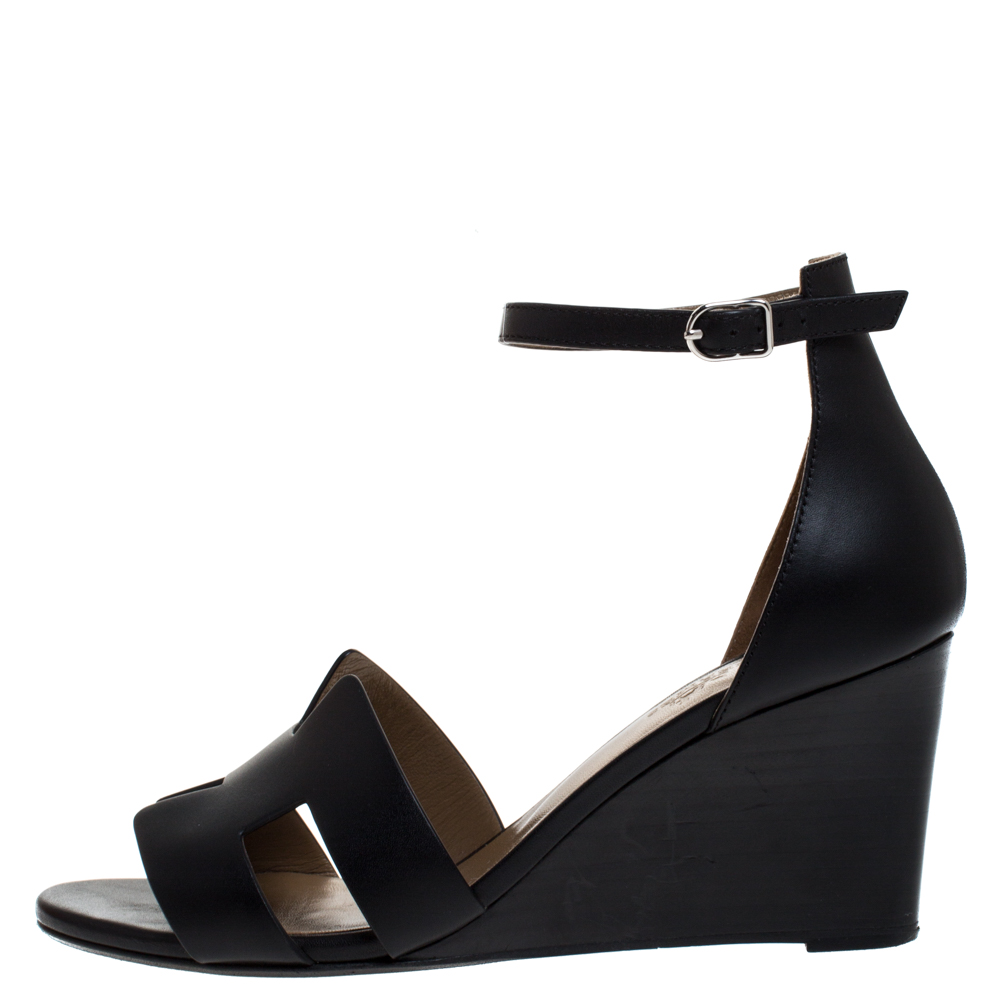 

Hermes Black Leather Legend Wedge Ankle Strap Sandals Size